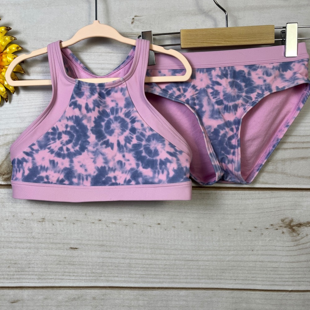 Athleta Girl Free Spirit Bikini Set Pink Purple Tie Dye High Neck Swimsuit S 7